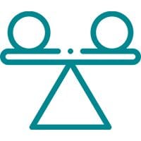 A teal icon of two people on top of a balance beam.